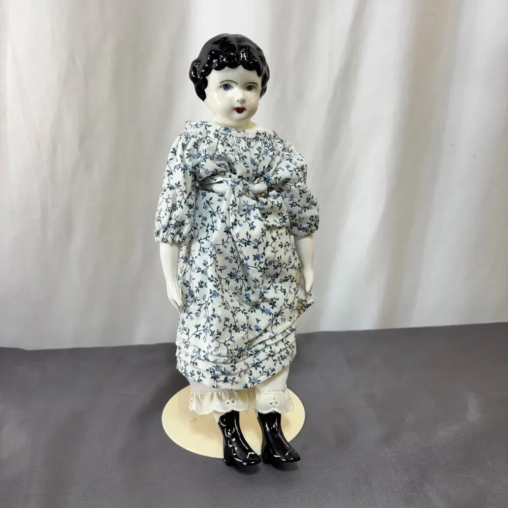 China Shoulder Head Doll Black Hair Blue Floral Cotton Dress Soft Body 11